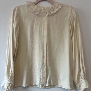 Vintage 100% Silk Blouse With Lace Collar Cream Size S